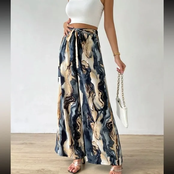 Boho Watercolor Abstract Print Wide Leg Palazzo Lounge Pants - Picture 6 of 7